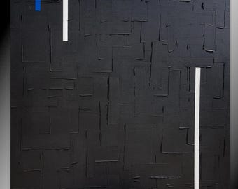 Large monochrome black, blue and white painting, minimalist handmade artwork, canvas stretched on a wooden frame. MADE TO ORDER ONLY