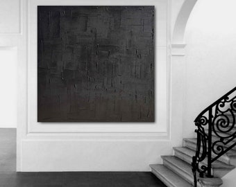 monochrome black painting 100 x 100 cm minimalist handmade painting &quot;wild black&quot; canvas stretched on wooden frame / made to ORDER