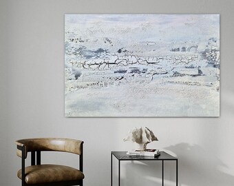 Raised and crackle painting, White art, Hand textured art, Minimalist handmade painting in white on stretched canvas, monochrome
