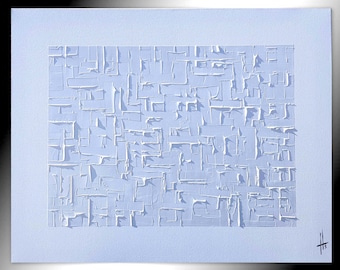 May include: Abstract painting with a textured, raised surface. The painting is a light blue color with white raised lines and shapes. The painting is signed in the bottom right corner.