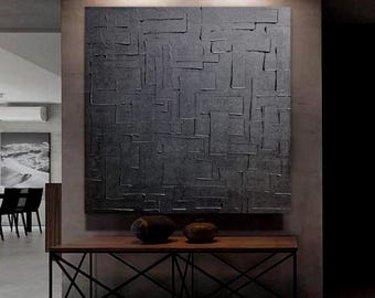 Large abstract painting, monochrome black A20, minimalist handmade painting on stretched canvas for wall decoration
