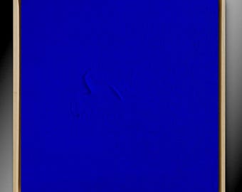 Handmade monochrome electric blue painting, framed in a light wood American box frame, Klein blue, made to order