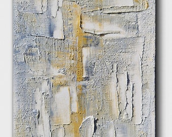 tableau abstrait peinture abstraite gris et blanc sur toile tendue pour décoration murale verticale