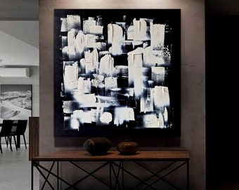 tableau abstrait peinture minimaliste noir et blanc sur toile tendue pour décoration murale