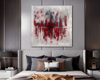 tableau abstrait peinture abstraite rouge et gris sur toile tendue pour décoration murale