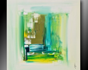 tableau abstrait peinture abstraite sur toile tendue pour décoration murale vert carré