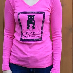 Long Sleeve V-Neck Hot Pink Luvable Dog Rescue T-shirt