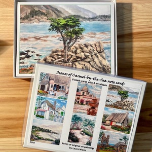 Carmel-kaartensets, Carmel Mission, Carmel Beach, Lone Cypress, Tor House, Tuck Box, PortaBella, Pebble Beach, boxset, 8 personen
