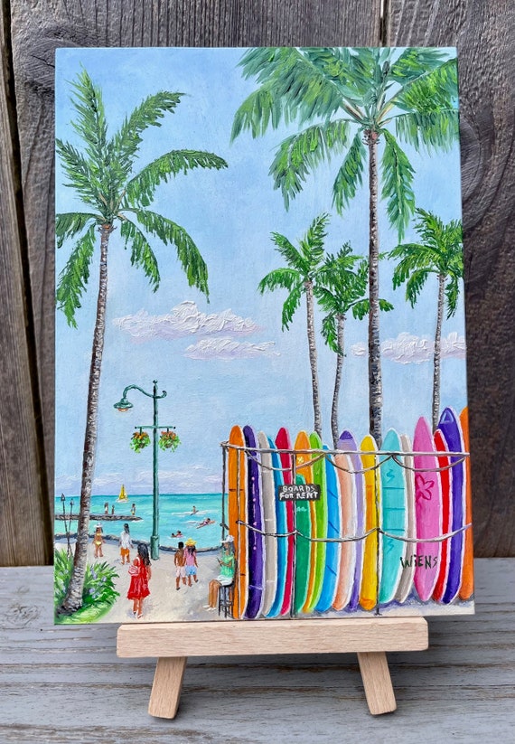 キャンバスパネル絵 (ワイキキビーチ＆サーフボード)ハワイ サーフィン③ アートパネル おしゃれ ハワイアン雑貨 インテリア