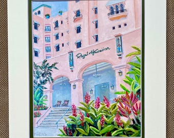 Royal Hawaiian Hotel 8x10" print, mounted in 11x14" double mat, handwritten signature and title, comes with backing board and plastic bag