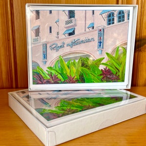 Notitiekaarten Royal Hawaiian Hotel, set van 8 met enveloppen, blanco binnenkant, Waikiki Beach, Diamond Head, roze paraplu's, palmbomen, hibiscus