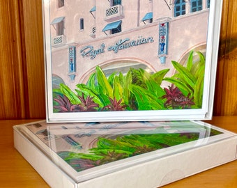 Royal Hawaiian Hotel note cards, set of 8 with envelopes, blank inside, Waikiki Beach, Diamond Head, pink umbrellas, palm trees, hibiscus