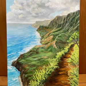 Origineel olieverfschilderij van het eilandpad Kauai, kleine kunst 5 x 7" inclusief ezel, briefkaartformaat, fijne details, structuurverf