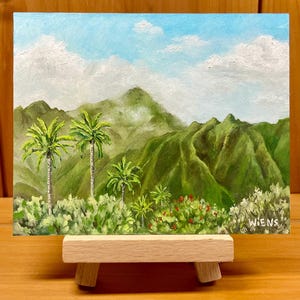 Origineel olieverfschilderij van Hawaï, groene kliffen, palmbomen, mist, kleine kunst 4 x 5" inclusief ezel, briefkaartformaat, gratis verzending
