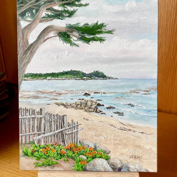 Carmel original oil painting, Point Lobos, Cypress tree, poppies, small art 7x5", free shipping, includes easel