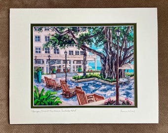 Moana Surfrider Hotel Banyan tree rocking chairs 8x10" print mounted in 11x14" double mat, handwritten signature and title, ready to frame