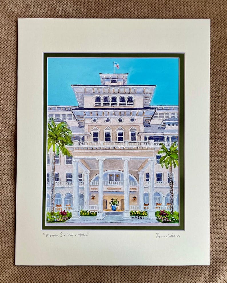 May include: A watercolor painting of the Moana Surfrider Hotel in Honolulu, Hawaii. The hotel is a white building with a green roof and a large porch. The painting is signed "Laurel Wiens".