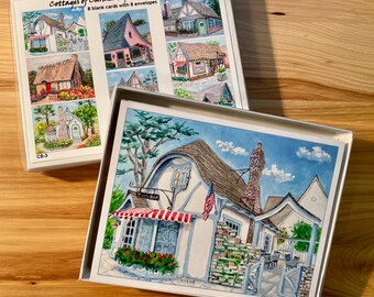 Fairytale cottages of Carmel note card sets, Hansel House, Tuck Box, Cottage of Sweets, tudor, thatched roof, cypress trees, boxed set of 8