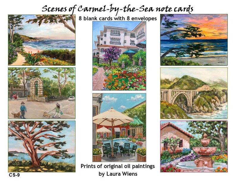 Carmel note cards, boxed set of 8 assorted images with envelopes, Carmel Mission, Bixby Bridge, La Playa Hotel, Big Sur, Carmel Beach sunset image 3