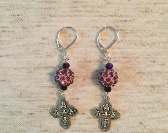 Four Way Cross Purple Shambala Crystal Earrings