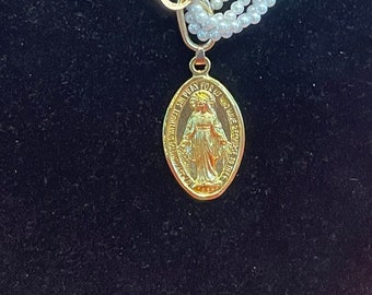 Large Gold Miraculous Medal and Pearl Necklace