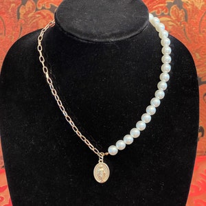 Gold Miraculous Medal, Single Strand Pearl and Gold Chain Necklace