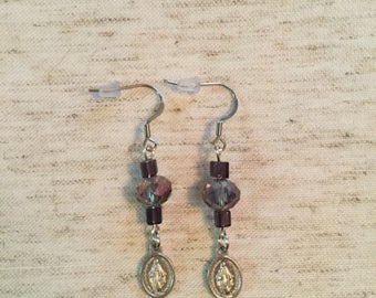 Light Purple Crystal Miraculous Medal Earrings