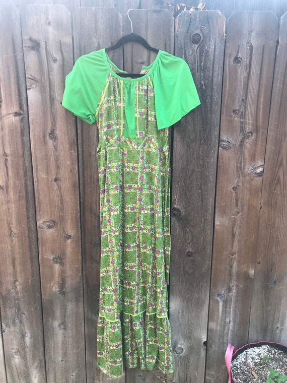 Green, Floral, 70s Maxi Dress