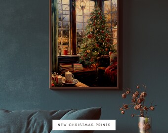 May include: A painting of a cozy living room with a decorated Christmas tree, a fireplace, and a window with a view of a snowy landscape. The painting is framed in a dark wood frame.