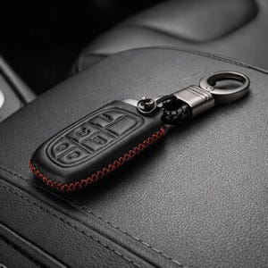May include: Black leather car key fob cover with red stitching. The key fob has embossed buttons and a metal keyring attachment. The key fob is resting on a black leather surface.