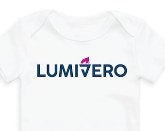 May include: White baby onesie with a navy blue logo that says "LUMIVERO" with a pink leaf design.
