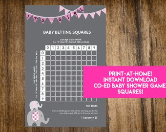 May include: Printable baby shower game with a pink and gray color scheme. The game is called "Baby Betting Squares" and has a grid with numbers 0-9 on the top and side. The text "It's a Girl" is at the top of the page with pink and gray bunting. The text "Print-at-Home! Instant Download Co-Ed Baby Shower Game: Squares!" is at the bottom of the page.