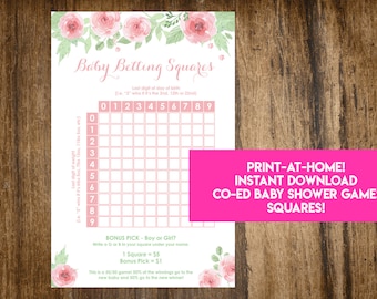 INSTANT DOWNLOAD Floral Baby Betting Squares: Co-Ed Baby Shower Game Printable - Print-at-Home PDF Printable