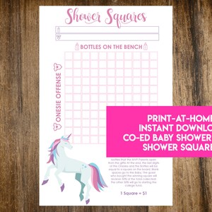 INSTANT DOWNLOAD Unicorn Shower Squares: Co-Ed Baby Shower Game Printable - It&#39;s A Girl Unicorn Shower Theme - Print-at-Home PDF Printable