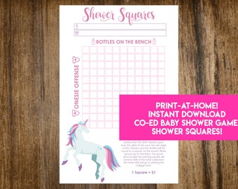 May include: A printable baby shower game called "Shower Squares" with a pink unicorn illustration. The game involves filling in squares on a grid with the last digits of the gifts opened at the shower. The guest with the most squares wins a portion of the money collected.