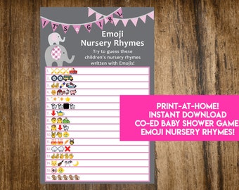 May include: A printable baby shower game with a pink and gray color scheme. The game is called "Emoji Nursery Rhymes" and features a list of nursery rhymes written using emojis. The game is designed for a co-ed baby shower.
