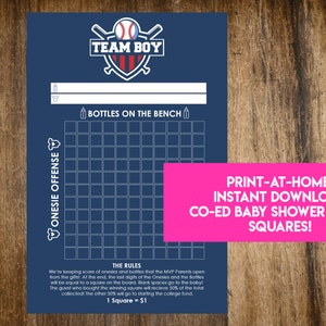 INSTANT DOWNLOAD Team Boy Baseball Shower Squares: Co-Ed Baby Shower Game Printable Print-at-Home PDF Printable image 1