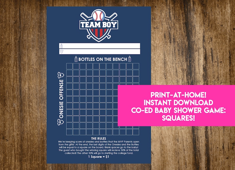 INSTANT DOWNLOAD Team Boy Baseball Shower Squares: Co-Ed Baby Shower Game Printable Print-at-Home PDF Printable image 1