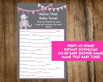 INSTANT DOWNLOAD It's A Girl Elephant Name That Baby Tune Baby Shower Game: Co-Ed Baby Shower Game - Print-at-Home PDF Printable
