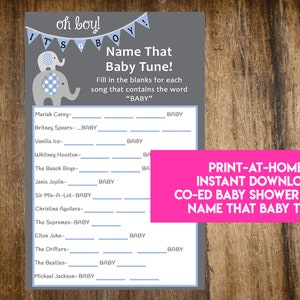 INSTANT DOWNLOAD Oh Boy It's A Boy Elephant Name That Baby Tune Baby Shower Game: Co-Ed Baby Shower Game Print-at-Home PDF Printable image 1