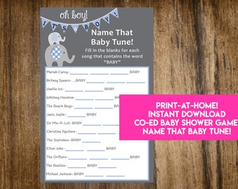 May include: A printable baby shower game with a blue and gray color scheme. The game is called "Name That Baby Tune!" and asks players to fill in the blanks for songs that contain the word "BABY".
