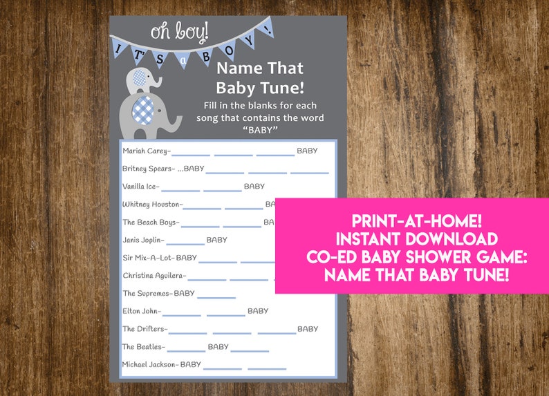 INSTANT DOWNLOAD Oh Boy It's A Boy Elephant Name That Baby Tune Baby Shower Game: Co-Ed Baby Shower Game Print-at-Home PDF Printable image 1