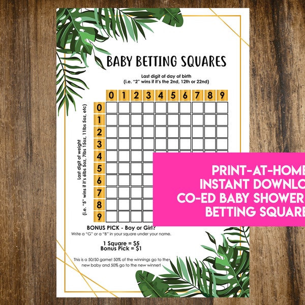 INSTANT DOWNLOAD Palm Leaves Baby Betting Squares: Co-Ed Baby Shower Game Printable - Print-at-Home PDF Printable