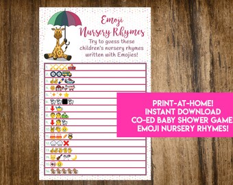 May include: A pink and white printable baby shower game with a giraffe holding an umbrella. The game is called "Emoji Nursery Rhymes" and asks players to guess the nursery rhymes written with emojis.