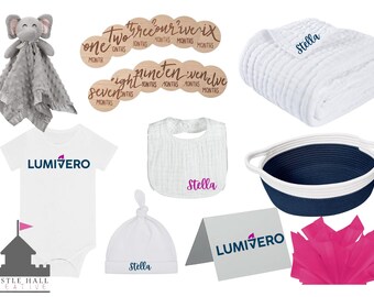 May include: A baby gift set with a white onesie, a white hat, a white bib, a white blanket, a blue and white rope basket, a gray card with the text "LUMIVERO", a gray elephant stuffed animal, a set of wooden circles with the numbers one through twelve, and pink tissue paper.