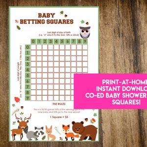 TÉLÉCHARGEMENT INSTANTANÉ Woodland Creatures Baby Betting Squares: Forest Animals Co-Ed Baby Shower Game Printable - Print-at-Home PDF Imprimable