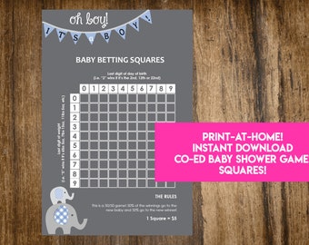 INSTANT DOWNLOAD It's A Boy Baby Betting Squares: Elephant Co-Ed Baby Shower Game Printable - Print-at-Home PDF Printable