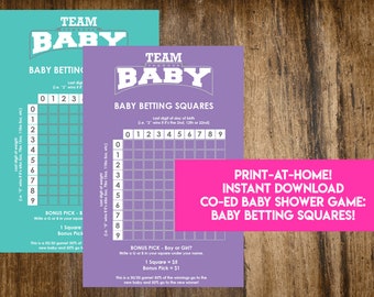 May include: Printable baby shower game cards with a purple and teal color scheme. The cards feature a grid with numbers 0-9 and a bonus pick section. The text on the cards reads "Team Baby Baby Betting Squares".