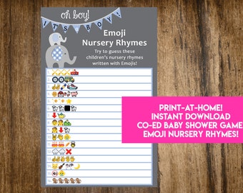 May include: A printable baby shower game with a gray background and blue and white checkered elephant. The game is called "Emoji Nursery Rhymes" and asks players to guess the nursery rhymes written with emojis. The text "PRINT-AT-HOME! INSTANT DOWNLOAD CO-ED BABY SHOWER GAME: EMOJI NURSERY RHYMES!" is in pink at the bottom of the page.
