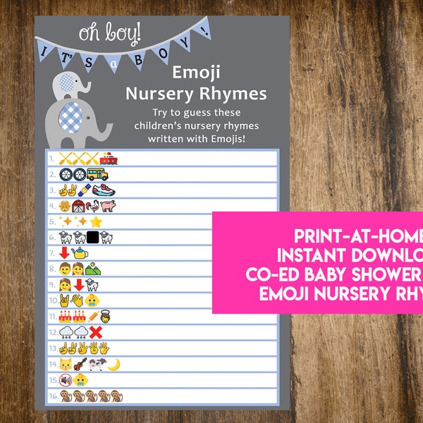 INSTANT DOWNLOAD Oh Boy! It's A Boy Elephant Emoji Nursery Rhymes Baby Shower Game: Co-Ed Baby Shower Game - Print-at-Home PDF Printable